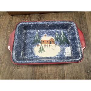 Cook's Bazaar Gourmet Lodge Baking Dish Pan Ceramic Holiday Winter Scene